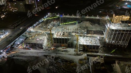 Preview: Large building under construction at night with cranes and workers