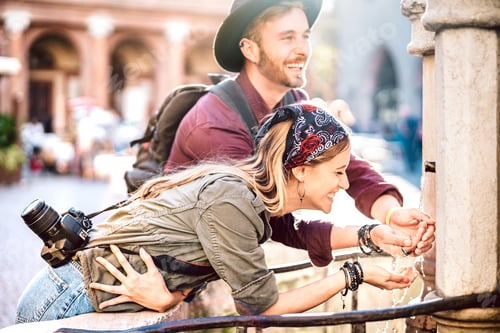 Preview: Young hipster couple in love having genuine fun wandering at city center