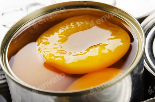 Preview: Canned peaches in just opened tin can. Non-perishable food