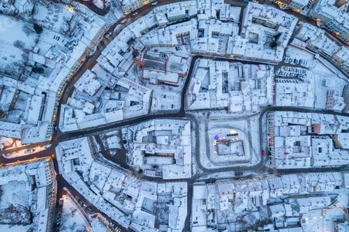 Preview: Tarnow skyline in winter. Aerial Drone view on old town and town square