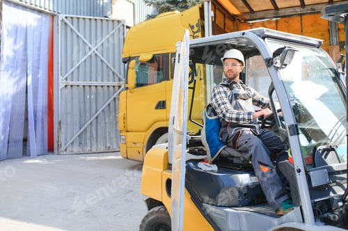 Preview: Warehouse man worker with forklift