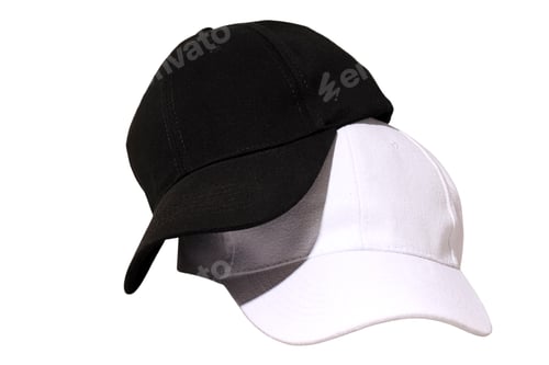 Preview: Black and white baseball caps stacked, on white