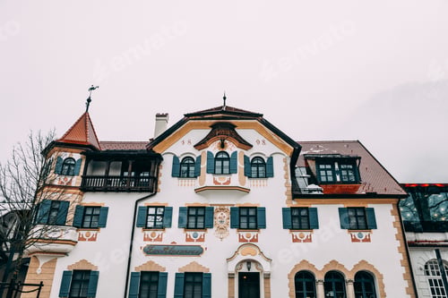 Preview: FUSSEN, GERMANY - FEBRUARY 19, 2018: low angle view of beautiful old house in fussen, germany