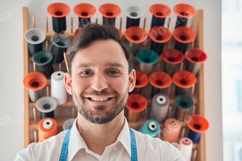 Preview: Joyful male dressmaker with spools in atelier