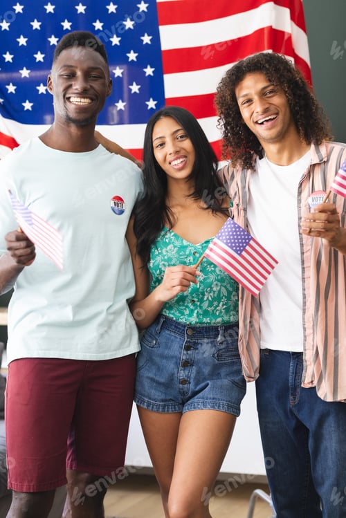 Preview: A diverse group of friends stands before an American flag background