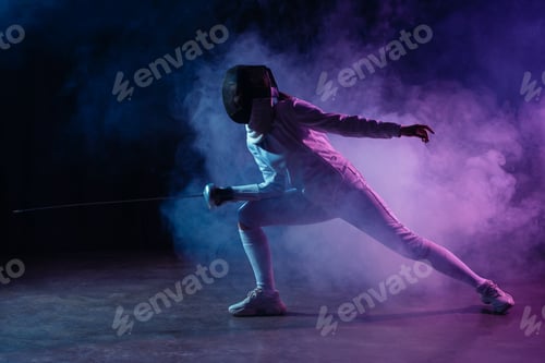 Preview: Swordswoman fencing with rapier on black background with colorful smoke