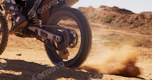 Preview: Dust, sand and motorbike wheel for sports with power speed of training, performance technique and f