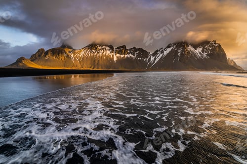Preview: Sunset at Vestrahorn Mountain and Stokksnes beach. Iceland