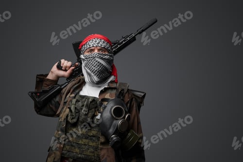 Preview: Middle Eastern Extremist Soldier, Camo Gear on Gray Background