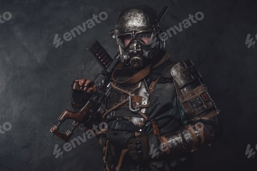 Preview: Apocalyptic armoured hunter with riffle in dark background