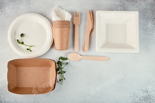 Preview: Biodegradable disposable tableware. Paper plates, cups, boxes. Wooden cutlery. Flat lay