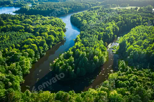 Preview: Stunning turning river and forests at sunrise, aerial view