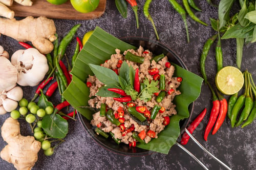 Preview: Stir-fried pork basil on banana leaves in a frying pan.
