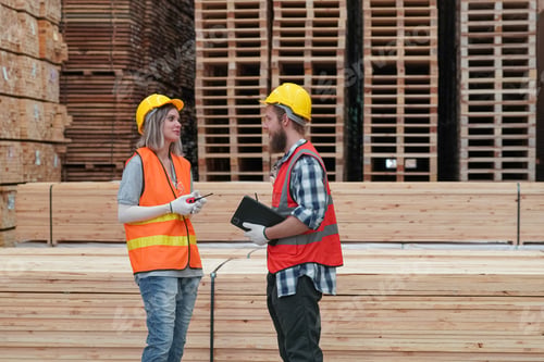 Preview: Mature woman discussing with colleague while examining wooden planks at industry