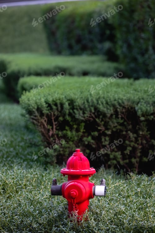 Preview: Bright red firehydrant in green bushes sunny day