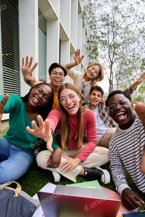 Preview: Amusing portrait of group diverse young friends excited waving at camera with hands sitting on grass