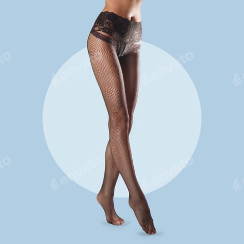 Preview: Long female legs in fishnet pantyhose with lacing on waist