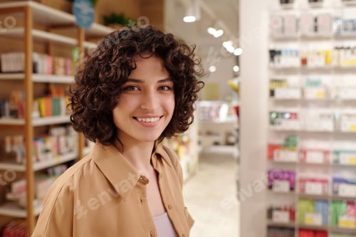 Preview: Happy young female shop assistant
