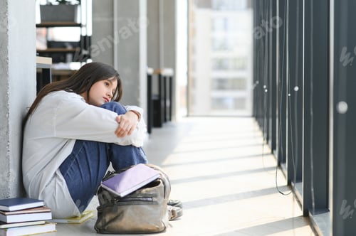 Preview: Asian young girl student sitting alone with sad feeling at school