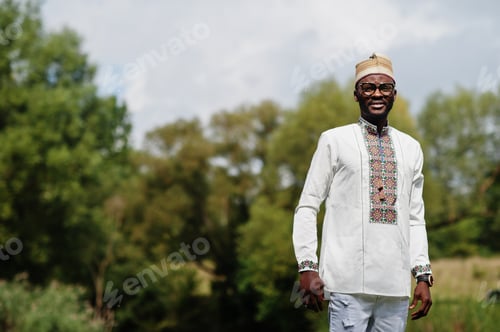 Preview: Portrait of african man in traditional clothes at park.