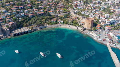 Preview: Aerial view of the bay Alanya in Antalya Turkey. Sea and city with an open sky. Kizil Kule - Alanya