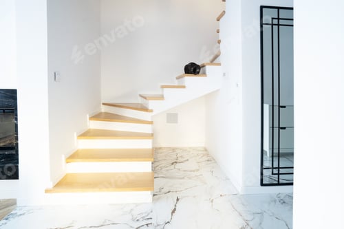 Preview: Beton staircase with wooden steps in modern home