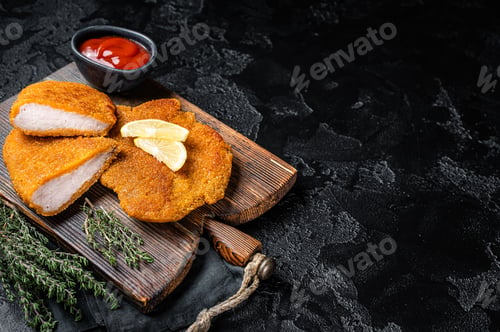 Preview: Viennese veal escalope, fried meat Schnitzel steak. Black background. Top view. Copy space