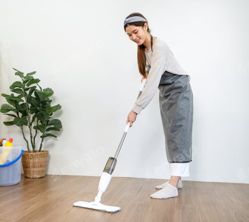 Preview: Housekeeper is use mop with vacuum cleaner to housekeeping with vacuuming and wiping dirty laminate