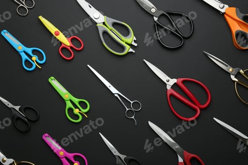 Preview: Set of different scissors on dark background, flat lay