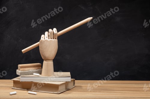 Preview: Wooden hand holding a pencil on books