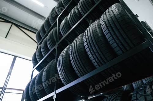 Preview: On the shelves. New tires are placed on the storage rack in the car workshop