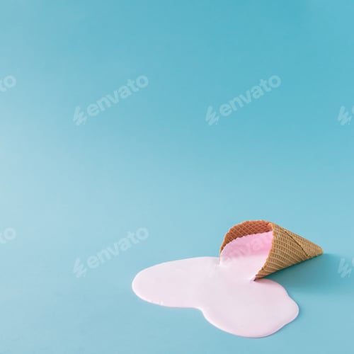 Preview: Pink ice cream spilled on pastel blue background. Minimalistic summer food concept.