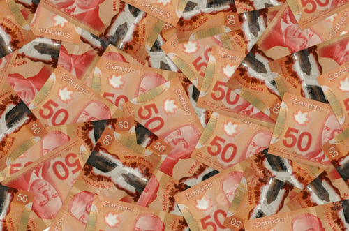 Preview: 50 Canadian dollars bills lies in big pile. Rich life conceptual background