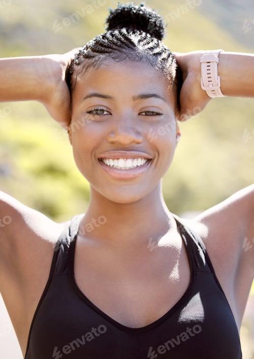Preview: Sport, fitness and exercise with a sports woman standing outdoor during a run or endurance workout