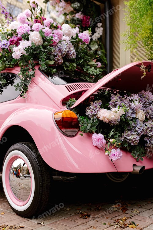 Preview: Car from fairy tale. Wedding bouquet on the car. Decoration old car