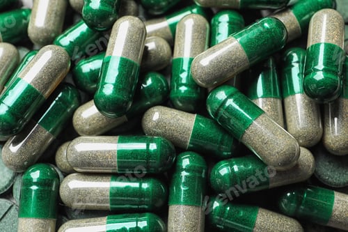 Preview: Green organic spirulina capsules as background, closeup