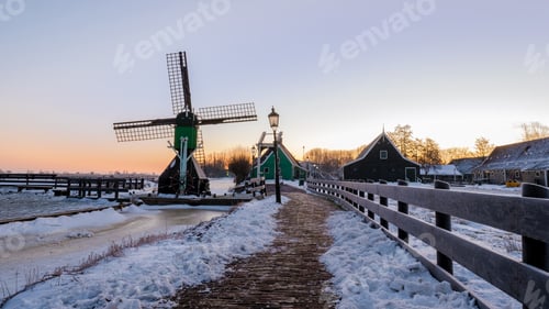 Preview: Zaanse Schans windmill village with snow landscape in the Netherlands