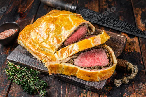 Preview: Homemade Beef Wellington puff pie with tenderloin meat on a cutting board.