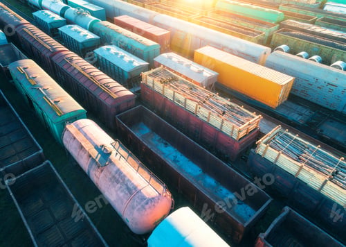 Preview: Aerial view of freight trains. Cargo wagons on railway station