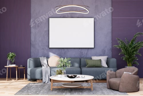 Preview: Living Room Interior with Modern Furniture and Blank Art