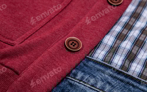 Preview: Close-up of Red Buttoned Shirt and Denim