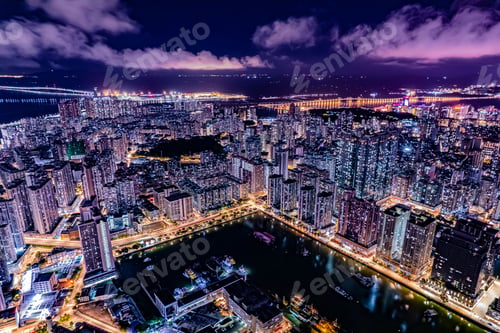 Preview: Aerial long exposure view of a futuristic illuminated city at night