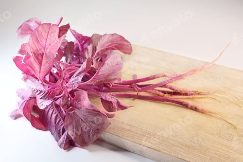 Preview: Close-up of a bunch of Amaranthus dubius or Indian Red Spinach on a wooden chopping block