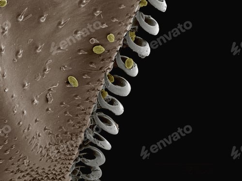 Preview: Extreme closeup of a surface with unique texture and seeds or spores attached