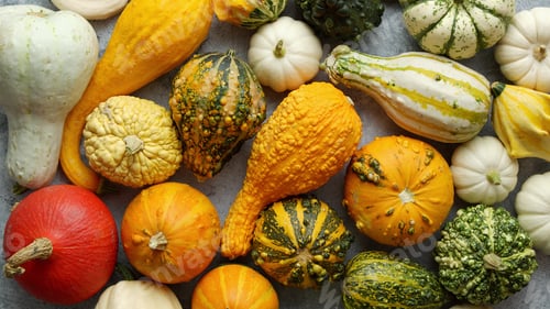 Preview: Colorful mini pumpkins on white background. Fall background. Halloween or Thanksgiving celebration