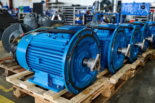 Preview: Row of new cylindrical parts of huge industrial machines on wooden crates