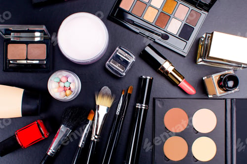 Preview: Cosmetics on dark background, closeup