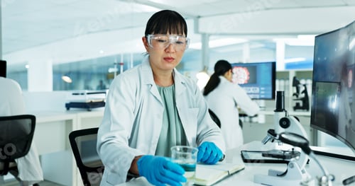 Preview: Scientist, woman and beaker by computer in lab with medical research, test and solution at pharmace