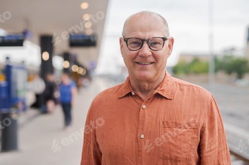 Preview: Senior Scandinavian Man Smiling Outdoors at Train Station in Finland