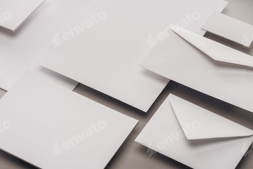 Preview: flat lay with blank white cards and envelopes on grey background